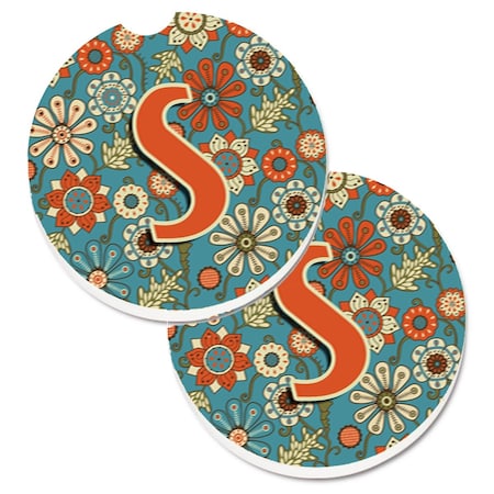 Carolines Treasures Letter S Flowers Retro Blue Set of 2 Cup Holder Car Coaster CJ2012-SCARC